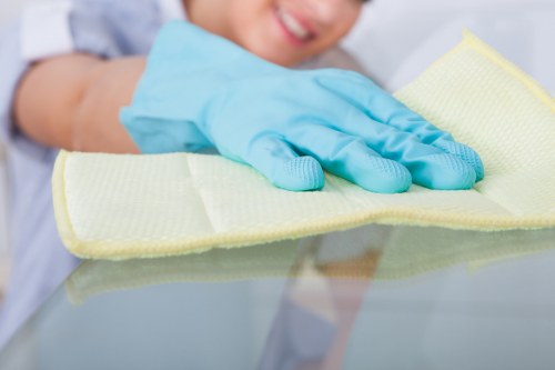 Professional carpet cleaning team working with safety measures